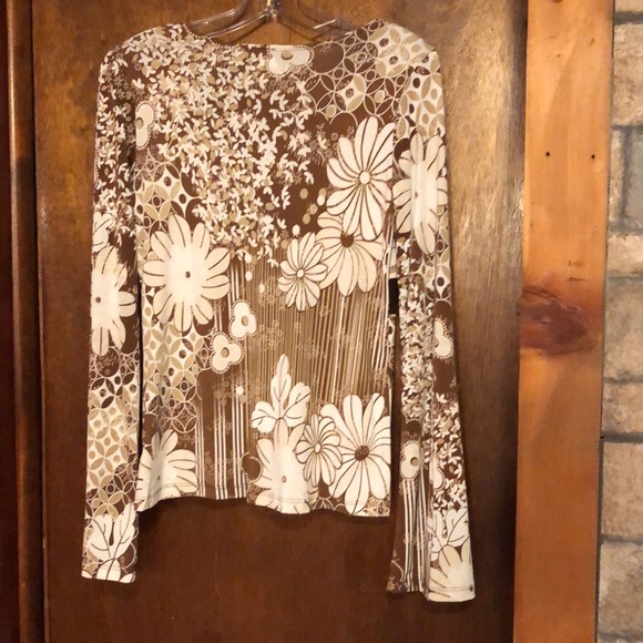 Medium brown/tan/white floral & striped long sleeve blouse - Picture 2 of 9